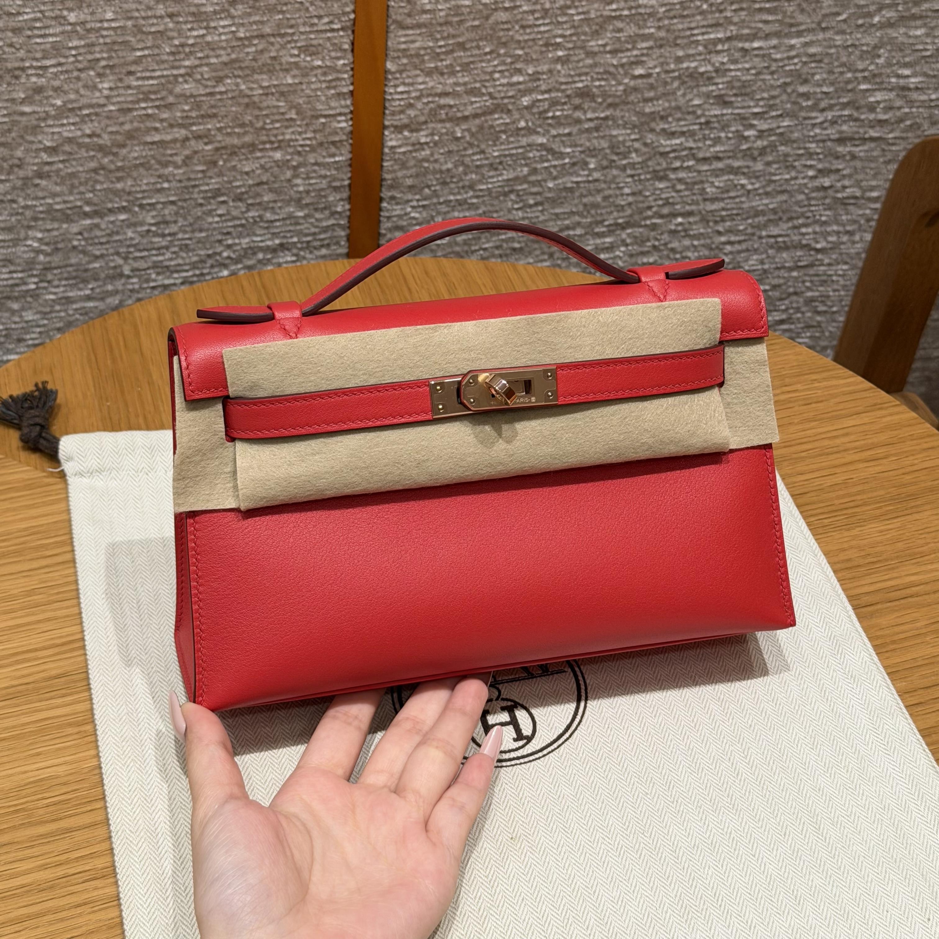 에르메스 Hermes Kelly Pochette 22cm Swift S3 Rouge Coeur/Rose gold