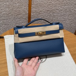 에르메스 Hermes Kelly Pochette 22cm Swift S4 Deep Blue/gold