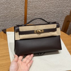 에르메스 Hermes Kelly Pochette 22cm Swift T3 Bai Brun/gold
