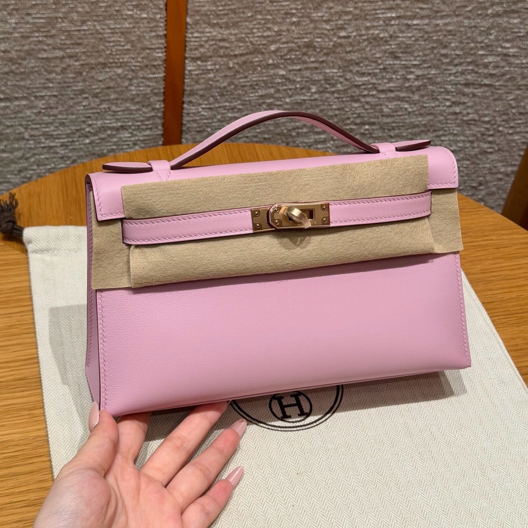 에르메스 Hermes Kelly Pochette 22cm Swift X9 Mauve/Rose gold