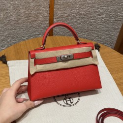 에르메스 Hermes Mini Kelly 19cm Epsom S3 Rouge Coeur/silver